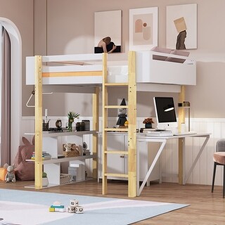 Full Size Stylish Design Wood Loft Bed With Built-in Storage Cabinet and Cubes,Foldable desk,Modern Design,White