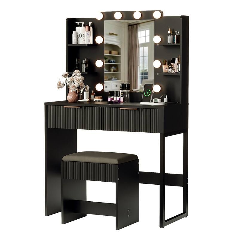 Particle Board Veneered with Textured Melamine, 2-drawer 4-Shelf, comes with 10 Three-color Dimmable Bulbs, Dressing Table Set - Black