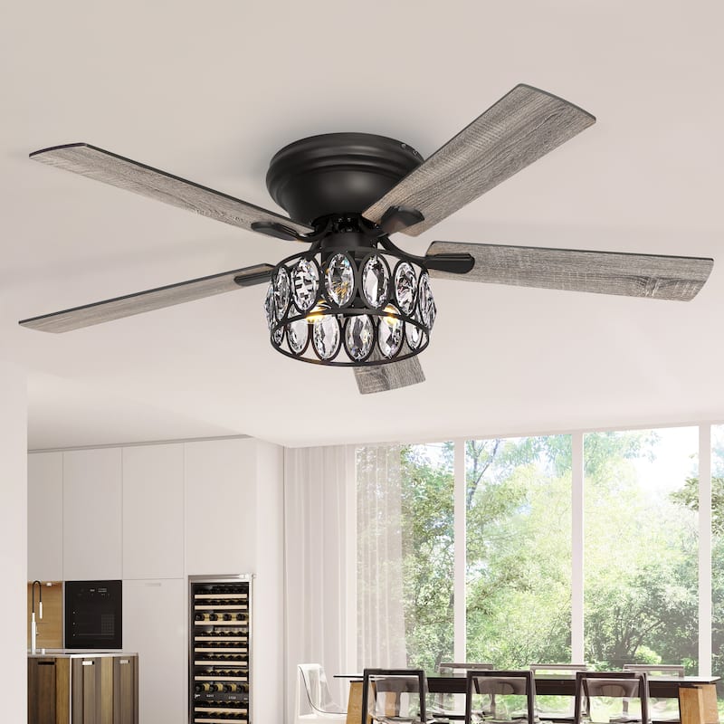 52" Flush Mount 5-Blade Modern Crystal Indoor Ceiling Fan with Light Kit and Remote