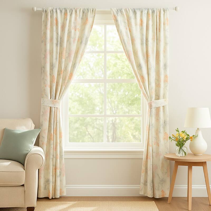 Loso 2 Panel Curtain Set, Microfiber, Soft White Green Floral Pattern