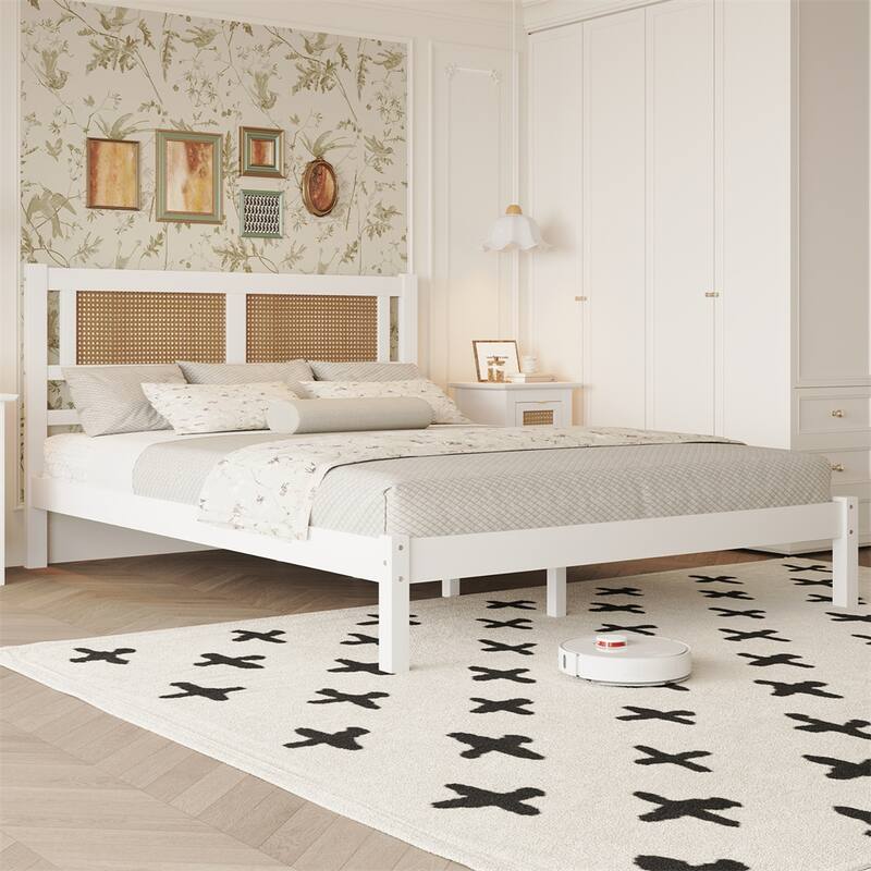 Queen Size Wooden Platform Bed with Natural Rattan Headboard