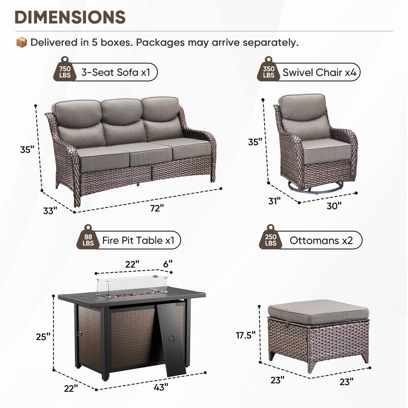 Pocassy Patio Sofa Swivel Chairs Ottoman w/ 43in Fire Table Set