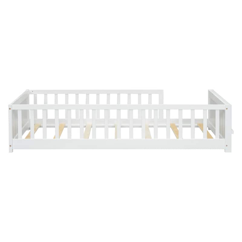 White Twin Size Pine Wood Floor Platform Bed with Built-in Book Storage Rack and Fence
