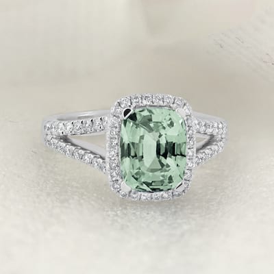 Auriya 1ct Cushion-cut Green Amethyst and Halo Diamond Engagement Ring 3/8cttw 14K Gold