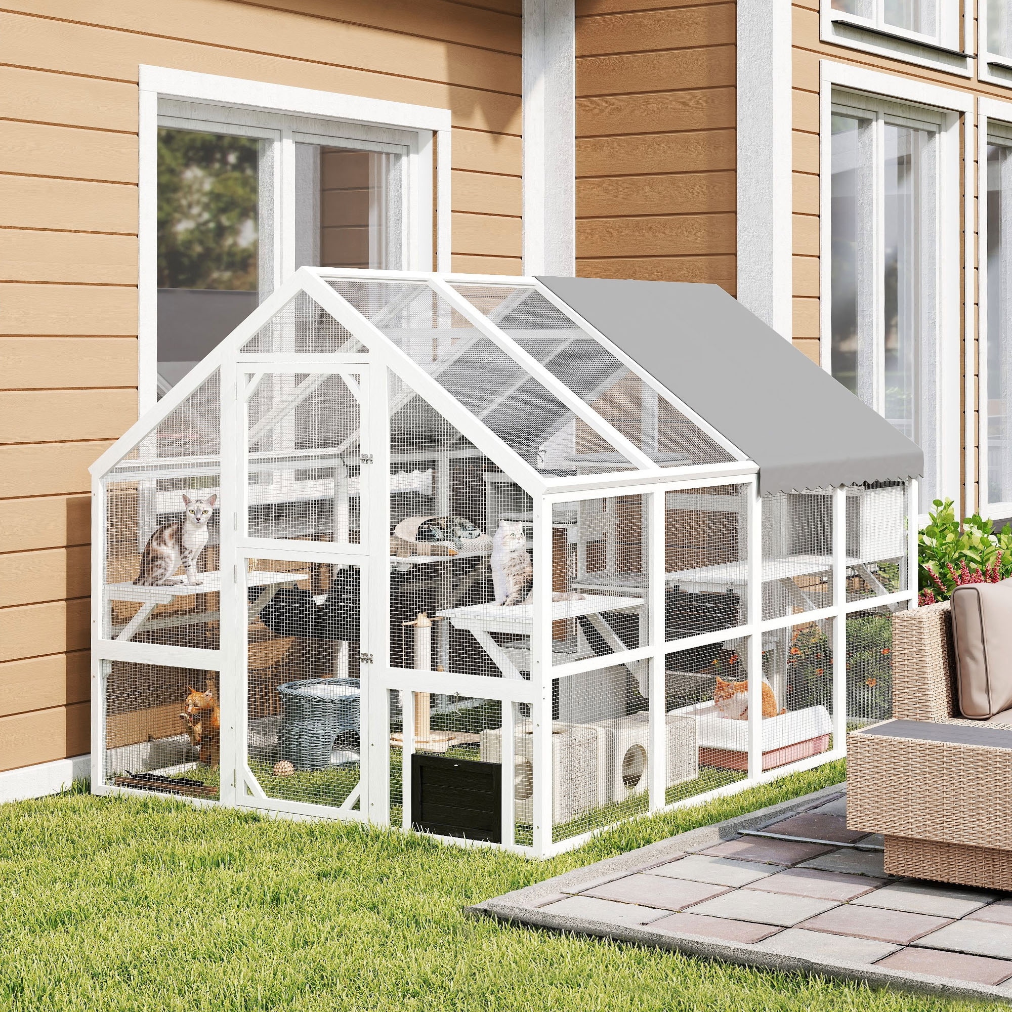 PawHut 110"L Large Catio Outdoor Cat Enclosure for Multiple Kittens, 56 sq.ft, 2 Condos, 6 Platforms, Bridge, Doors, White