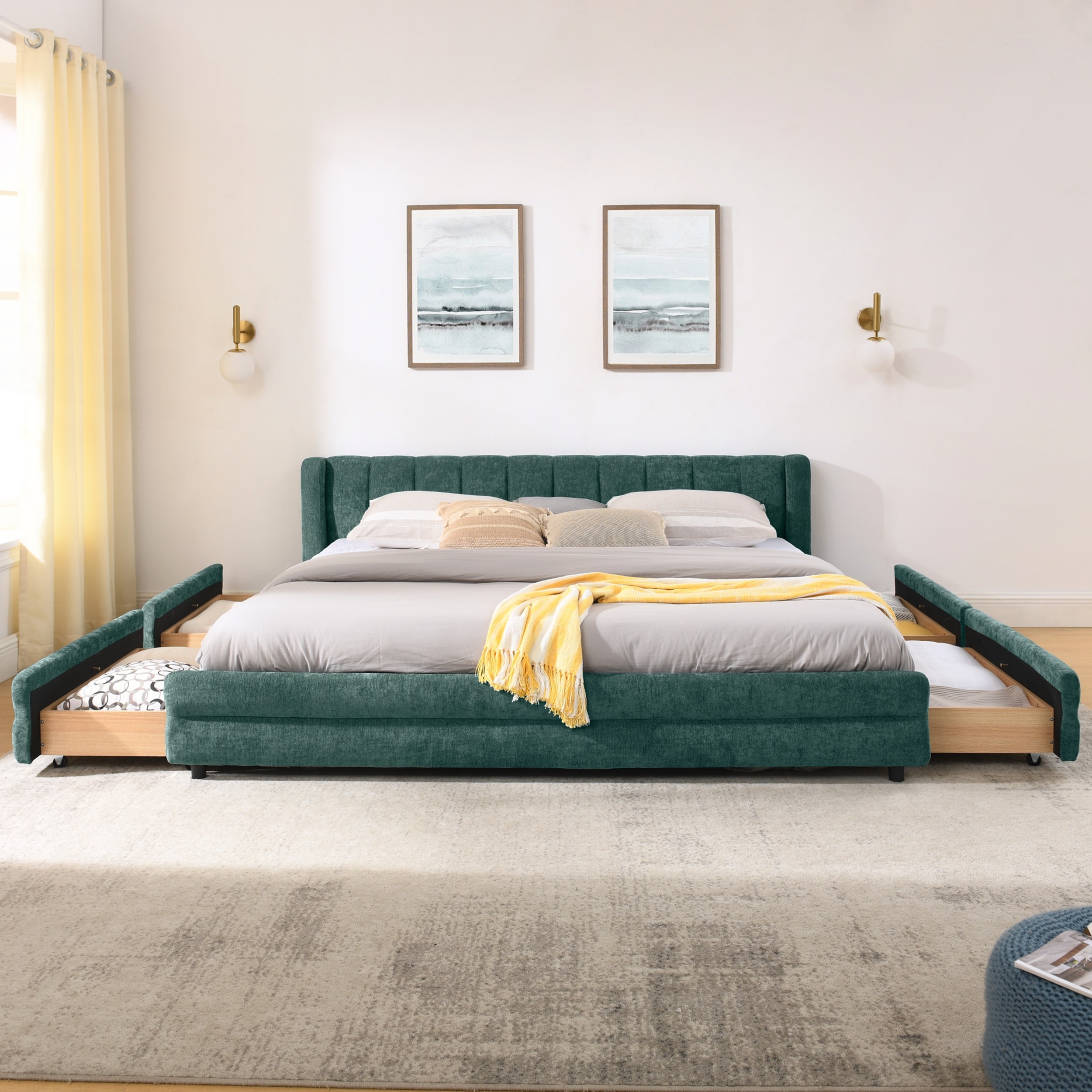 King Size Upholstered Bed Frame with Comfortable Headboard and Underbed Storage Drawers for Bedrooms