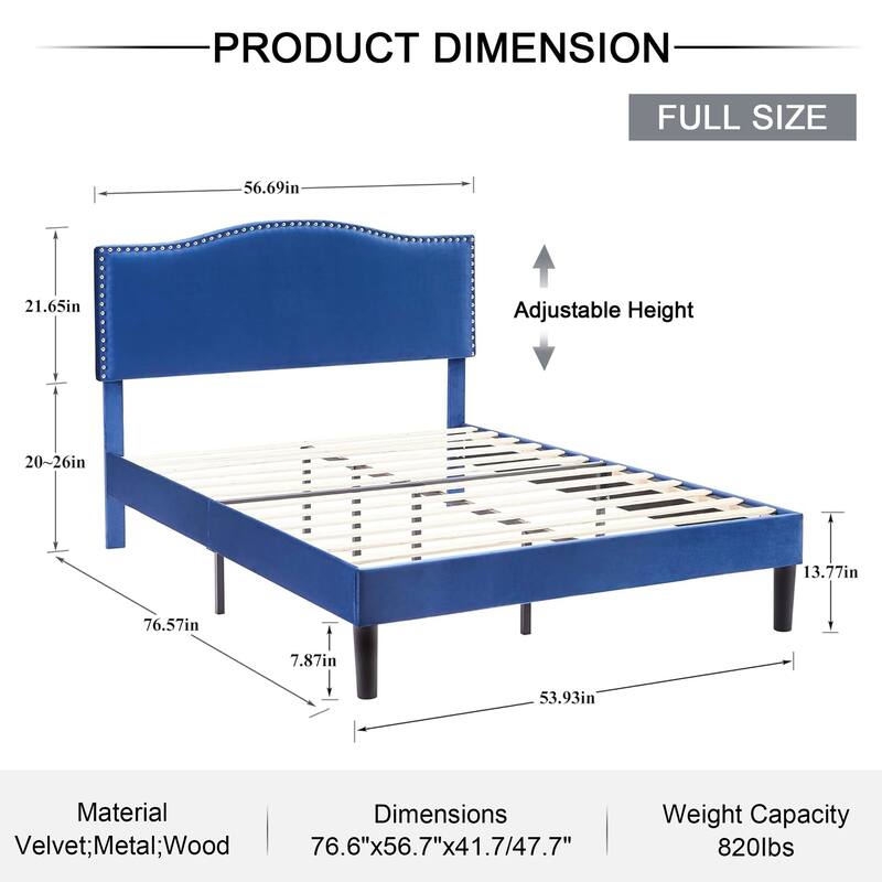 Javlergo Upholstered Platform Bed Frame with Adjustable Headboard, Strong Frame and Wooden Slats Support, Easy Assembly