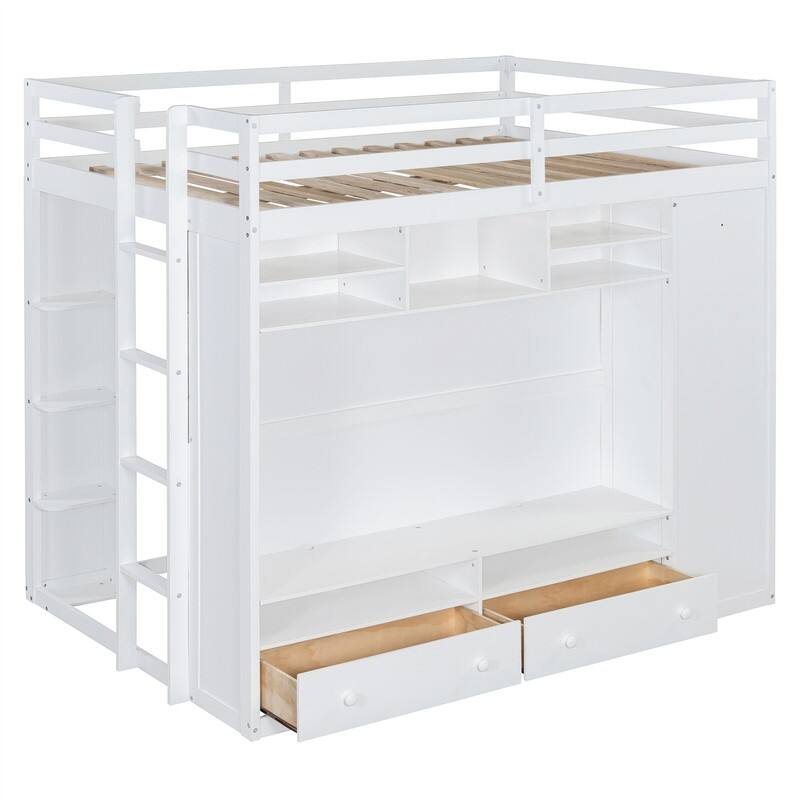 Full Size Loft Bed with LED Light, Wardrobe and 2 Storage Drawers, Solid Wood Loft Bedframe with Open Storage Shelves