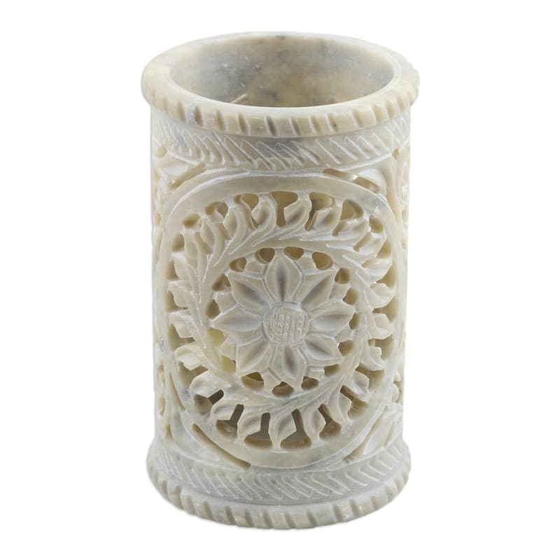 Novica Handmade Botanical Fantasy Soapstone Pen Holder - Grey