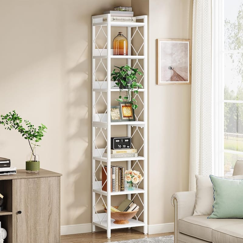 78.7" White Bookshelf, 7 Tier Tall Skinny Bookcase Freestanding Narrow Display Shelves