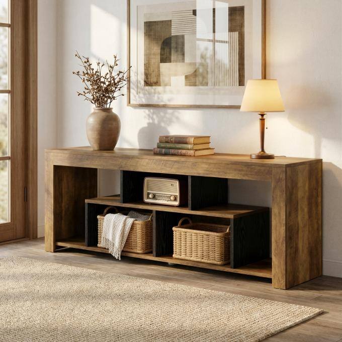 63" Console Table with Storage Shelf, Rustic Wooden Entryway Table