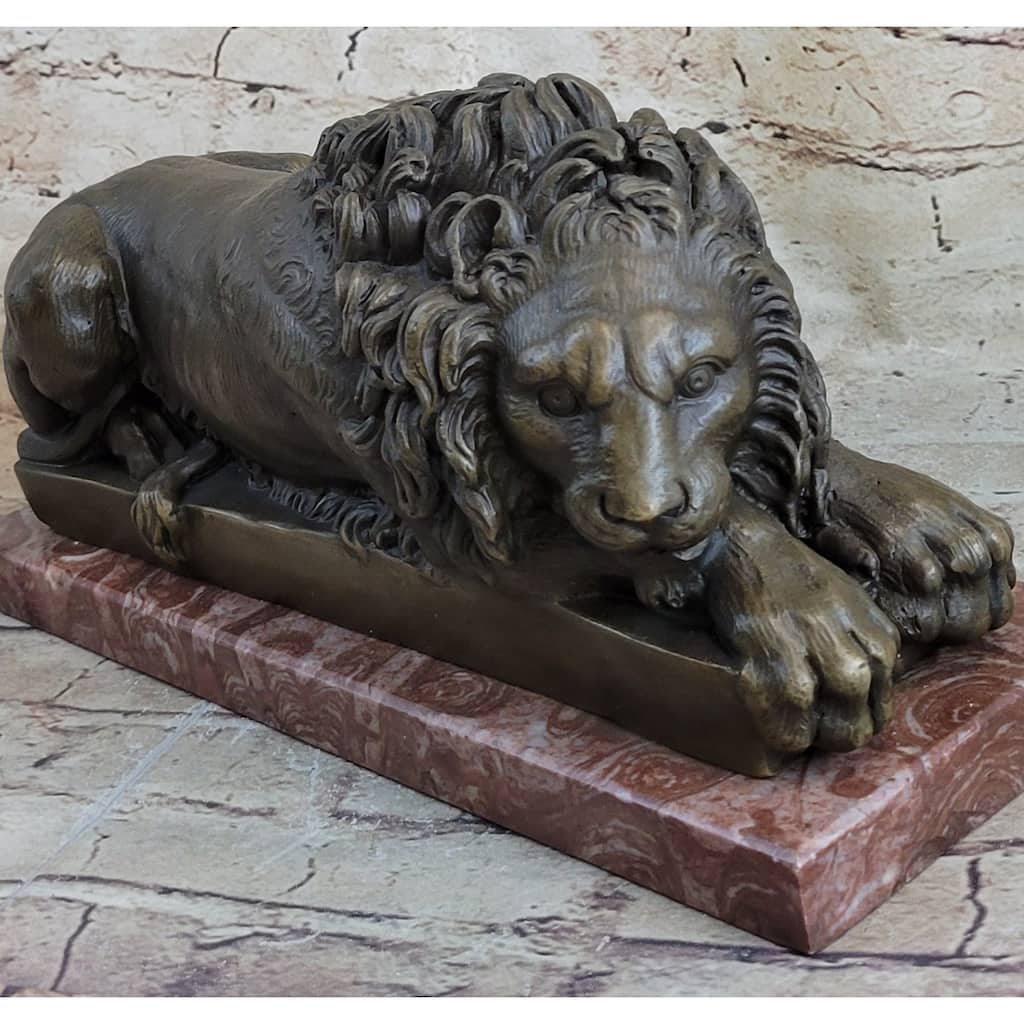 Guardian Lion Bronze Statue Sculpture Figure On Red Marble Base 7 Inches X 12.5 Inches