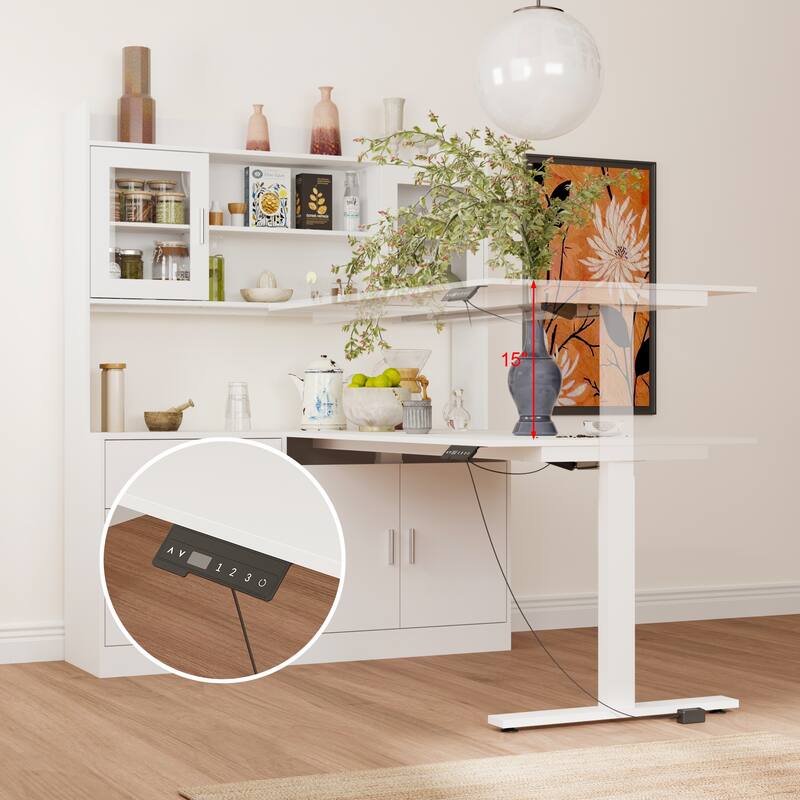 Electric Height Adjustable Standing Desk with Storage Hutch, 68.5” White Home Office Desk with Drawers and Cabinets