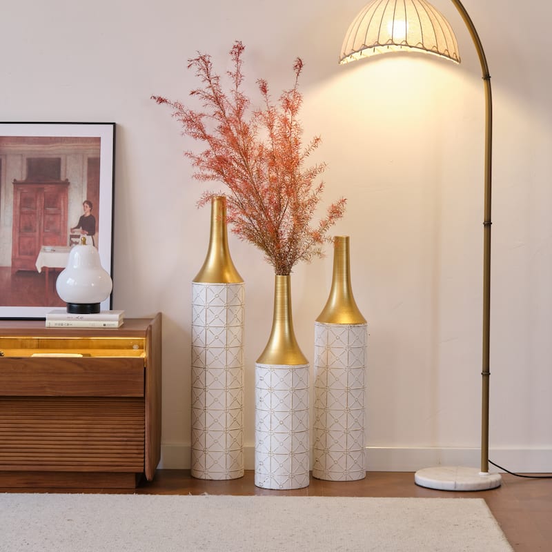 Set of 3 Gorgeous Home Decoration Large Glazed Vases - White+Gold