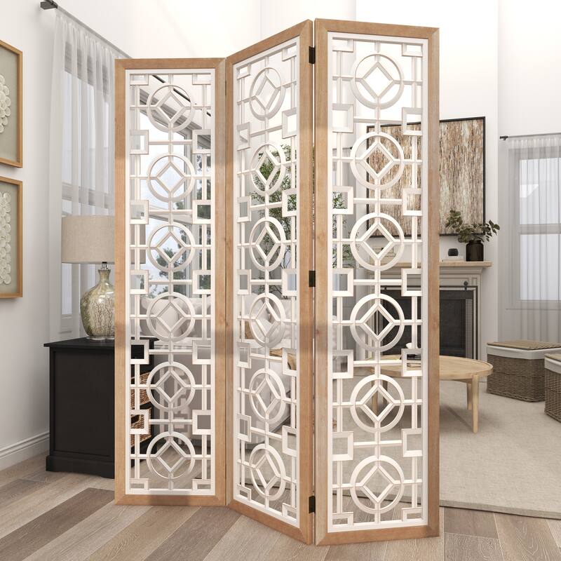 Wood Geometric Hinged Foldable Partition 3 Panel Room Divider Screen with Intricately Carved Designs - White - Roche River Decor
