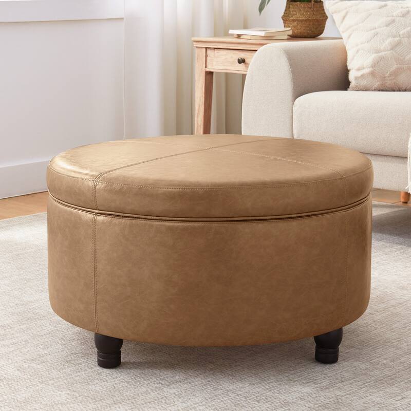 Faux Leather Round Storage Ottoman - light brown