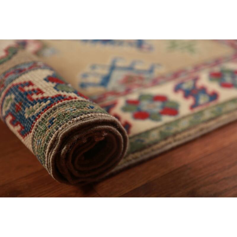 Brown Geometric Kazak Foyer Rug Hand-Knotted Wool Carpet - 2'7"x 4'0"