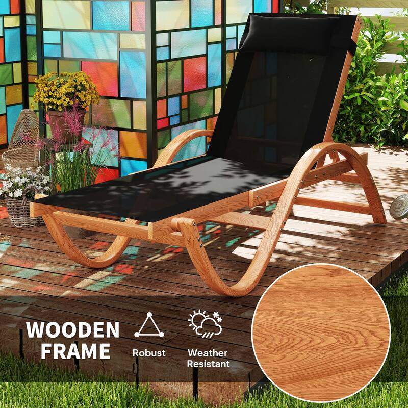 Outdoor Lounge Chair Larch Wood Frame Breathable Mesh Adjustable Backrest Garden Patio Deck Chair - 29.1" W x 72" D x 35.8" H