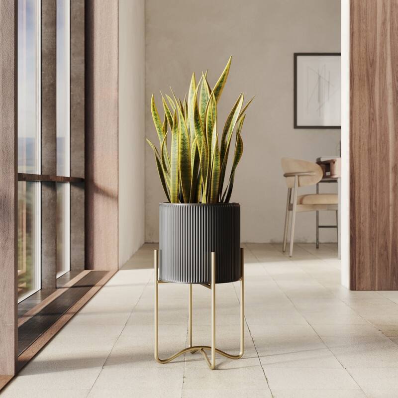 Everett Black Mid-Century Modern Indoor Metal Pot Planter with Tall Metal Base - 20.5" H  x 11.25" W - Gold