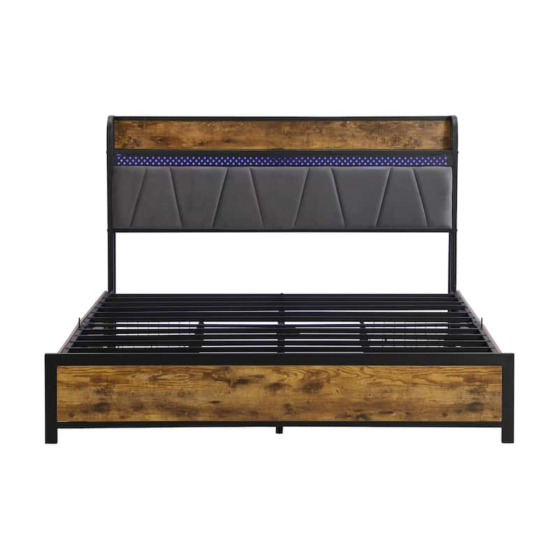 Bed Frame, Storage Headboard with Charging Station and 4 Storage Drawers,LED Lights