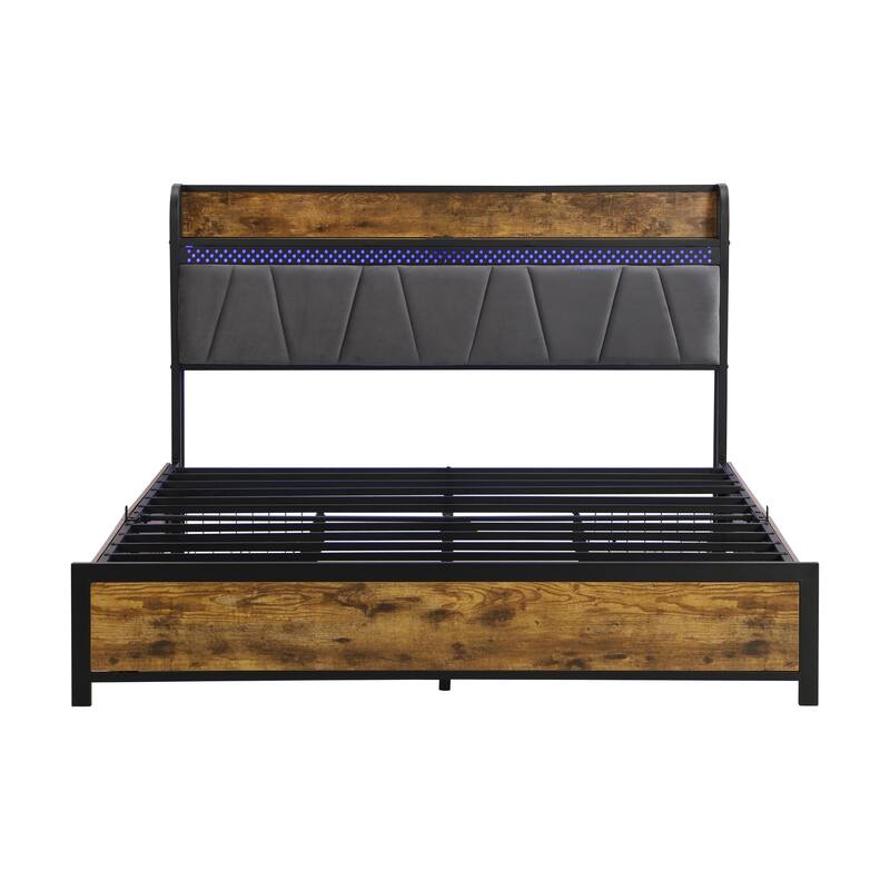 Full Size Metal Storage Bed Frame w/ Storage Headboard & Charging Station and 4 Storage Drawers, LED Lights, Brown