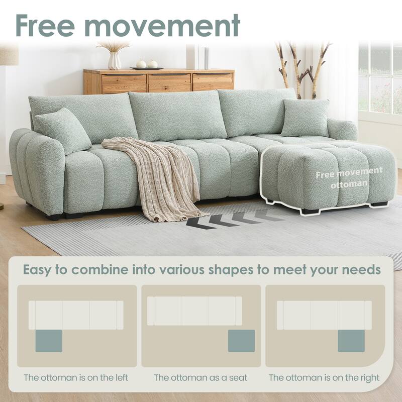 110" Modular L-Sectional - Boucle Fabric, Pull-Line Design, Movable Ottoman, 3 Color Options