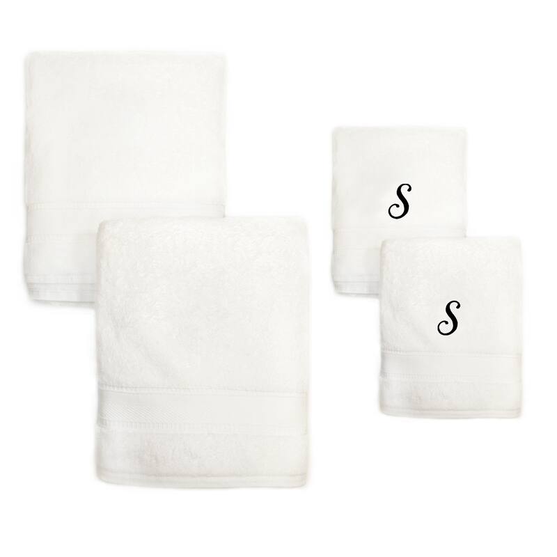 Authentic Hotel and Spa 4-piece White Turkish Cotton Towel Set with Black Monogrammed Initial Hand Towel - White - S