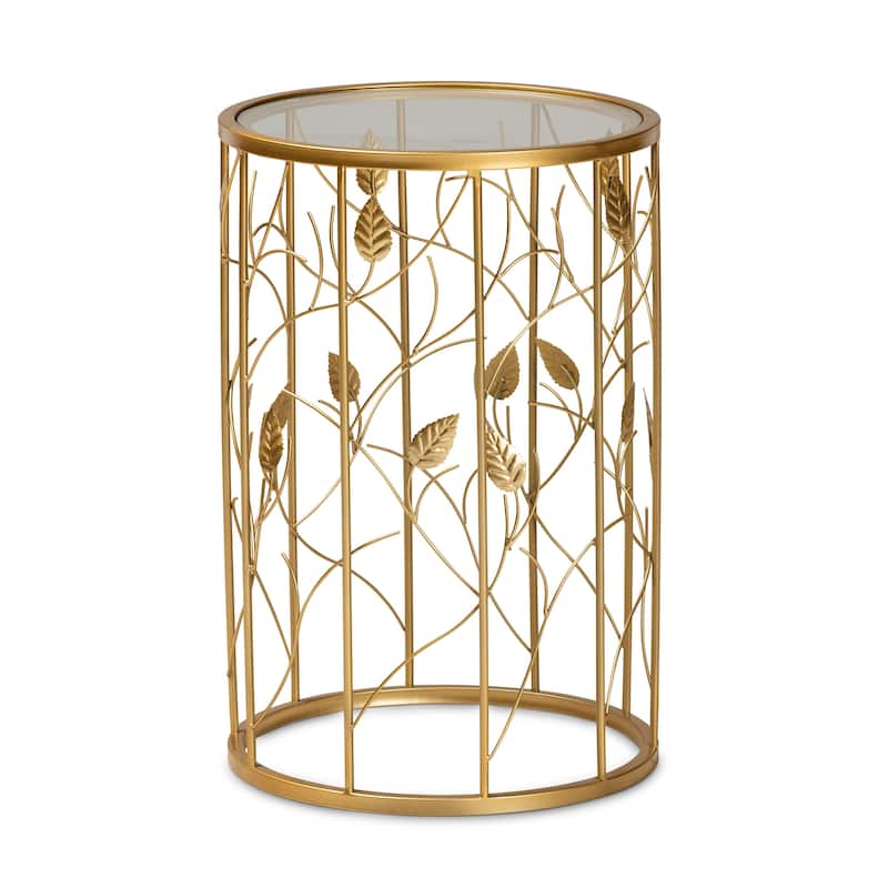 Anaya Brushed Gold Finished Metal and Glass Leaf Accent End Table