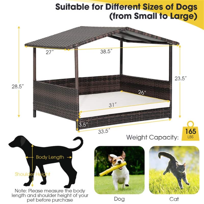 Dog House Outdoor With Canopy, Rattan Dog Bed With Water-Resistant Cushion - 38.5" x 27" x 28.5"