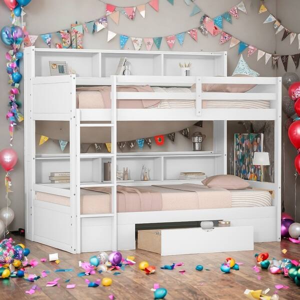 Twin Size Kids Bed Bunk Bed with Builtin Shelves and Storage Drawer, White Bed Bath & Beyond