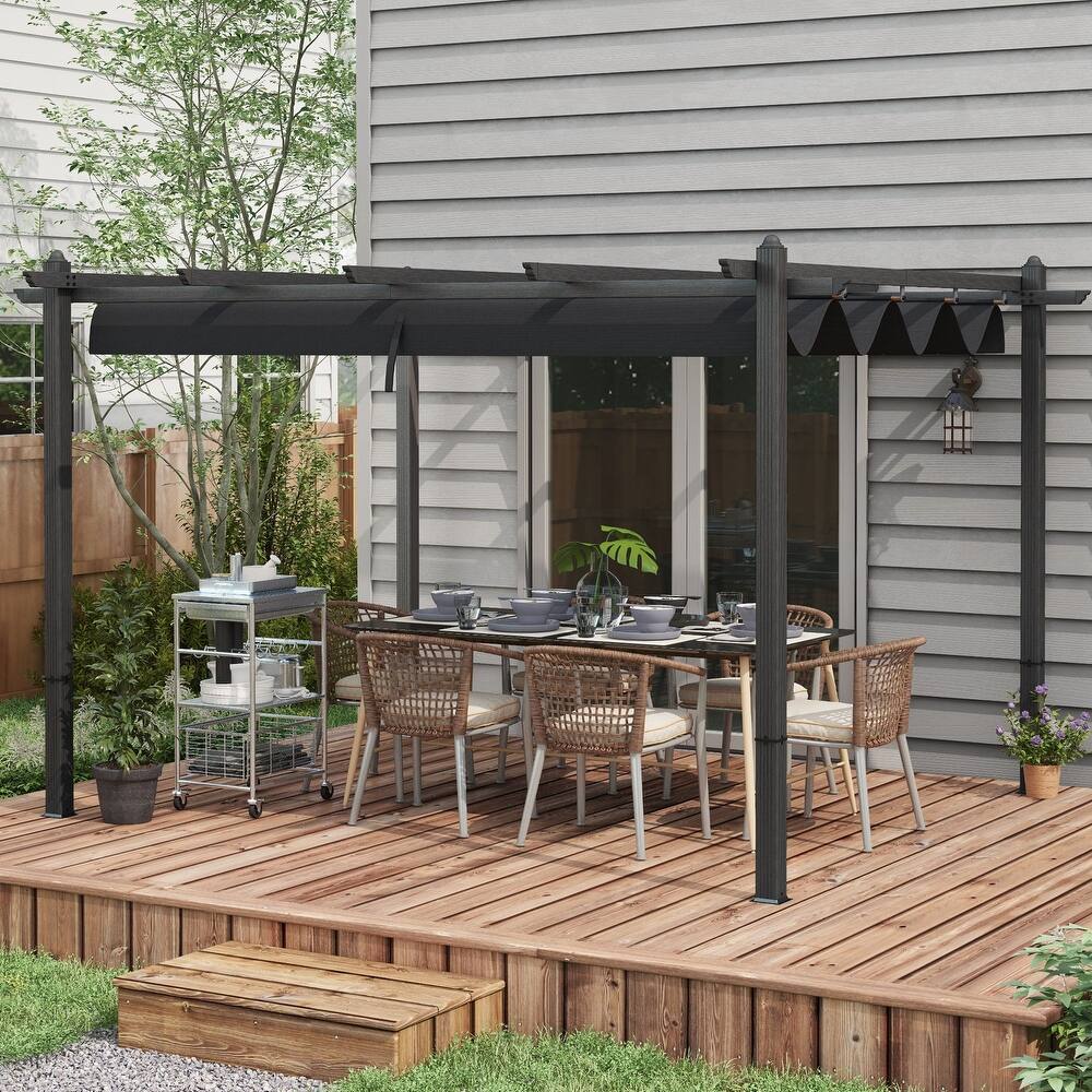 Outsunny 10' x 13' Retractable Pergola Canopy, Wood Grain Aluminum Pergola, Outdoor Sun Shade Shelter for Grill, Garden, Patio