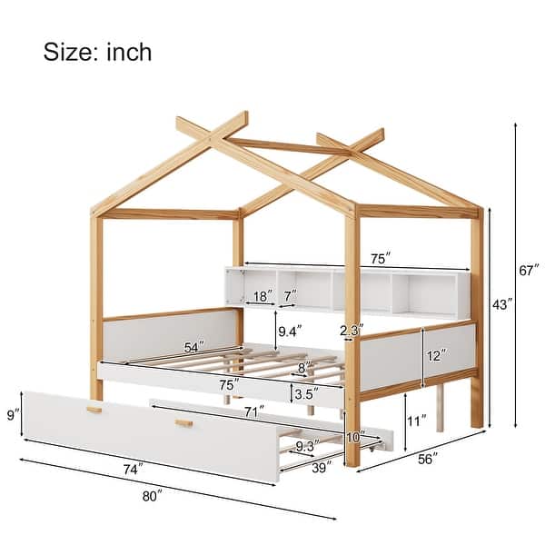 dimension image slide 0 of 5, House-shaped Bed Frame for Bedroom Kids Boys Girls Daybed with Side Bookcase, Available with Trundle Bed or Storage Drawers