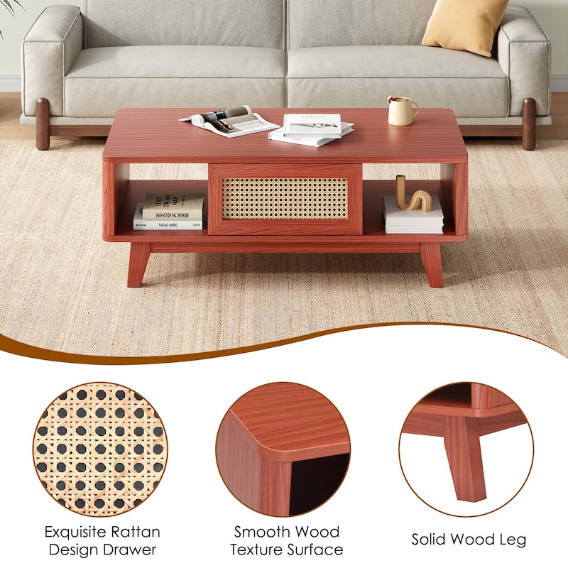 Mid Century Coffee Table with Storage, Modern Square with Rattan Drawer, Wooden Living Room Table with Solid Wood Leg