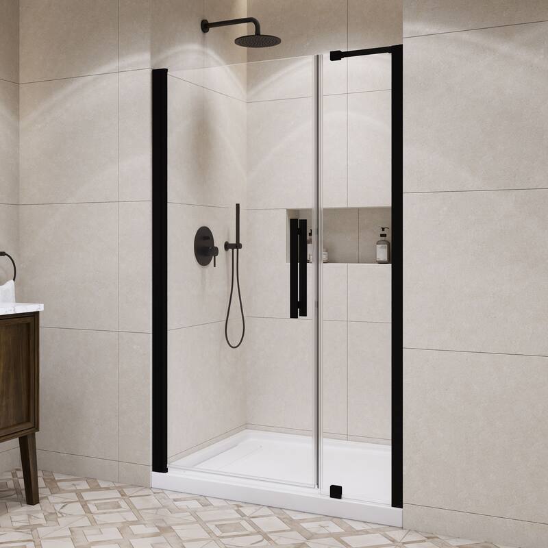 OVE Pasadena Alcove Frameless Pivot Shower Door Kit with Base Pan, 2025 - 48"x36" - Matte Black