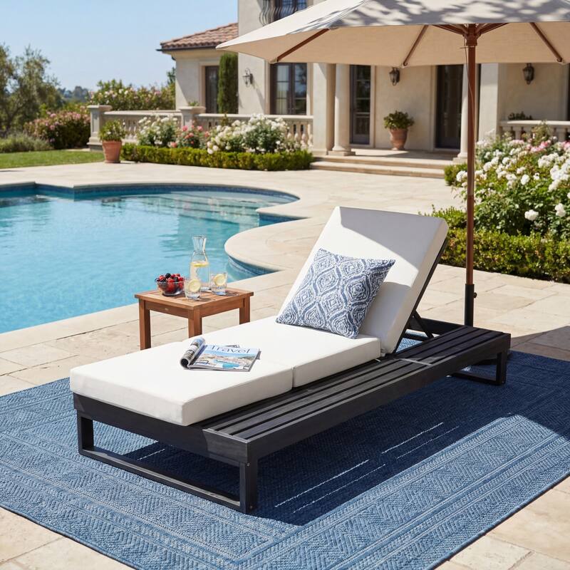 Christopher Knight Home - Modern Outdoor Acacia Wood Chaise Lounge with 4-Position Adjustable Backrest & 2-Fold Cushion
