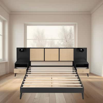 Queen Size Wooden Platform Bed Frame with Nightstands and Built-in Lamps, Elegant Rattan and Wood Design Bedroom Furniture
