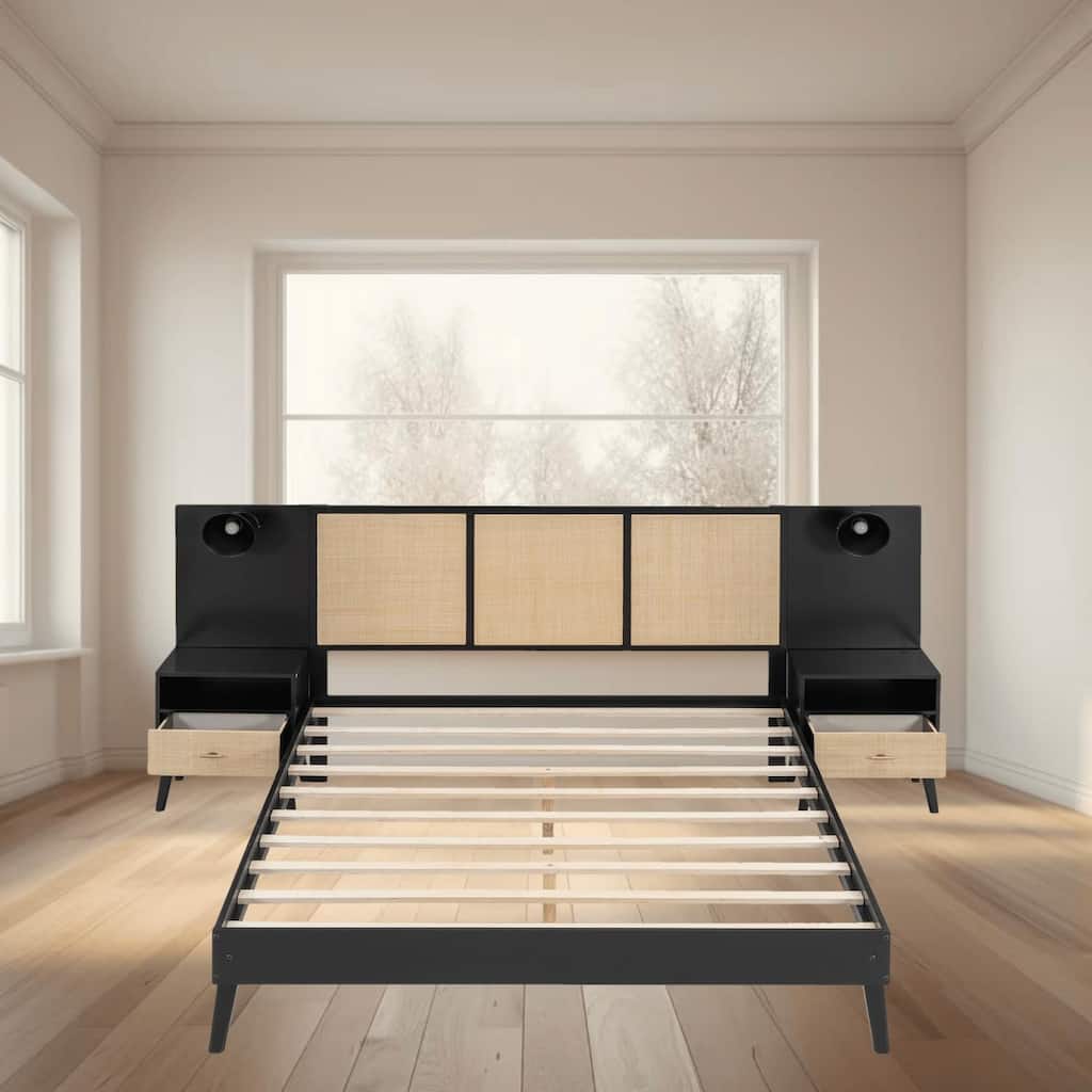 Queen Size Wooden Platform Bed Frame with Nightstands and Built-in Lamps, Elegant Rattan and Wood Design Bedroom Furniture