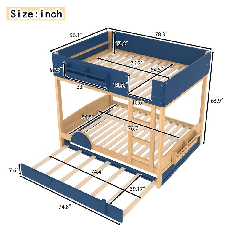 Kids Bed Wooden Bunk Bed with Trundle and Built-in Storage Bookshelves