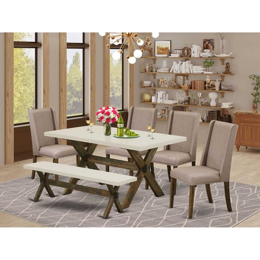 HomeStock 6-Pc Rectangle Distressed Jacobean Finish Solid Wood Top Dining Table with 1-Bench, 4-Chairs