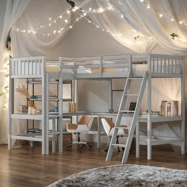 slide 2 of 32, Wood Twin Size L-Shaped Loft Bed with Ladder and 2 Built-in Desks, Gray Grey
