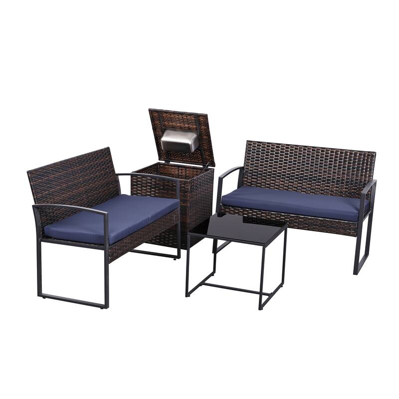 5 PCS Patio Conversation Set With Square Fire Table - Brown/Blue
