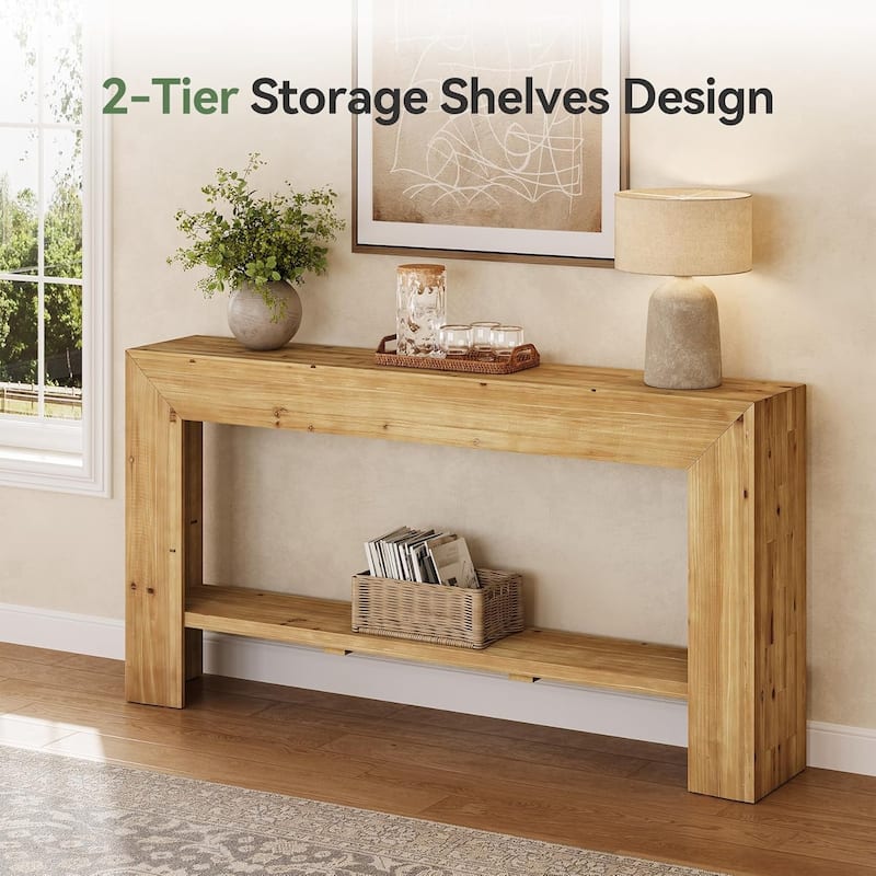 63-Inch Long Solid Wood Console/Entryway Table, Farmhouse Accent Sofa Console for Entryway, Living Room, Hallway, Natural