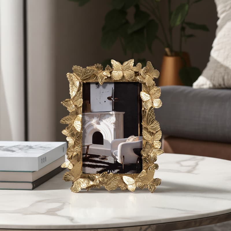 Sagebrook Home 4x6 Gold Polyresin and Glass Photo Frame with Enchanting Butterflies Decor - Butterflies Gold - 6" x 1" x 8"