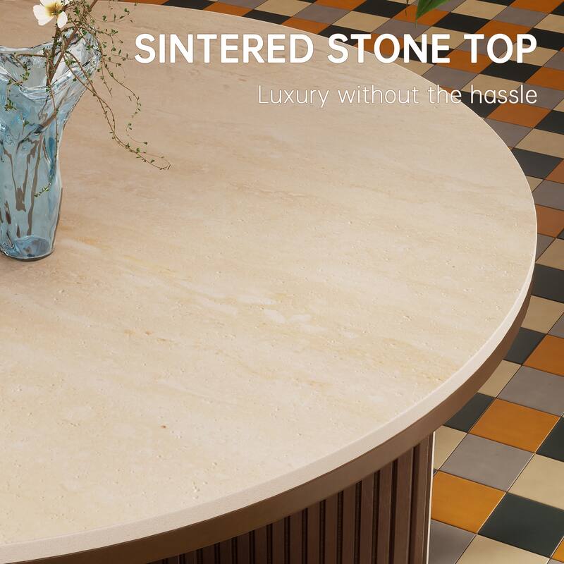 35" Round Coffee Table with Sintered Stone Top and Vertical-Groove Column Base for Living Room