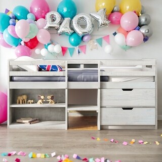Modern Twin Size Unique Loft Bed With Two Shelves and Two drawers For Bedroom,Kids