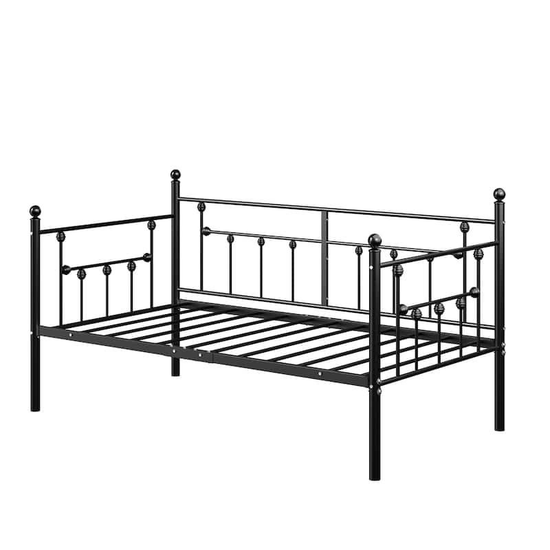 VECELO Roman Column Daybed 79" Iron Frame Space Saving Daybed Set with Rolling Trundle for Guest Teen Room Black or White