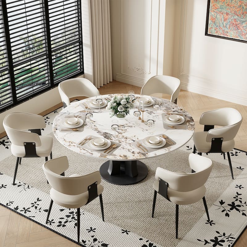 59" Round Sintered Stone Dining Table for 6-8, Glossy Pandora Table top