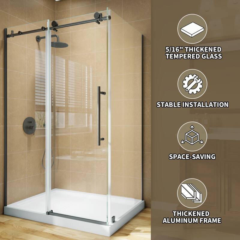 Modland 44-48" x 72'' Semi-Frameless Sliding Shower Enclosure - 5/16" SGCC Glass, Matte Black/Brushed Nickel