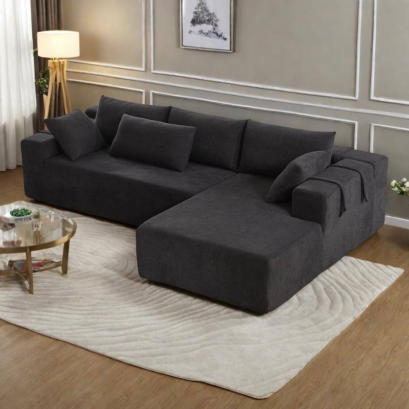 108" Chenille Modular L-Shaped Sectional Sofa with 6 Pillows, Reversible Chaise - Black