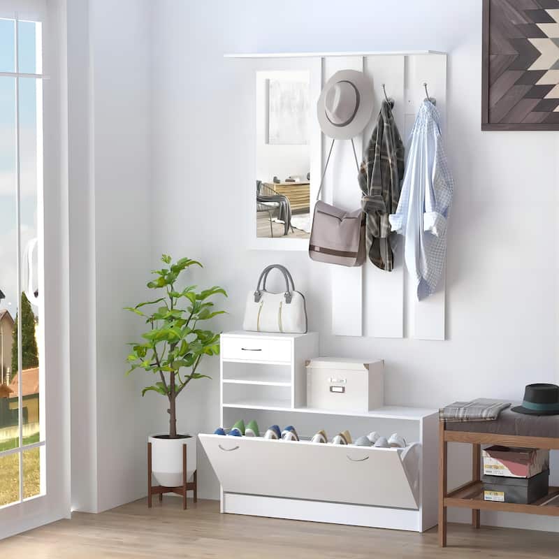 Multi-functional Combination Cabinet with Shoe Organizer, Hanging Shelf, and Mirror for Entryway, Hallway, Foyers, Bedrooms